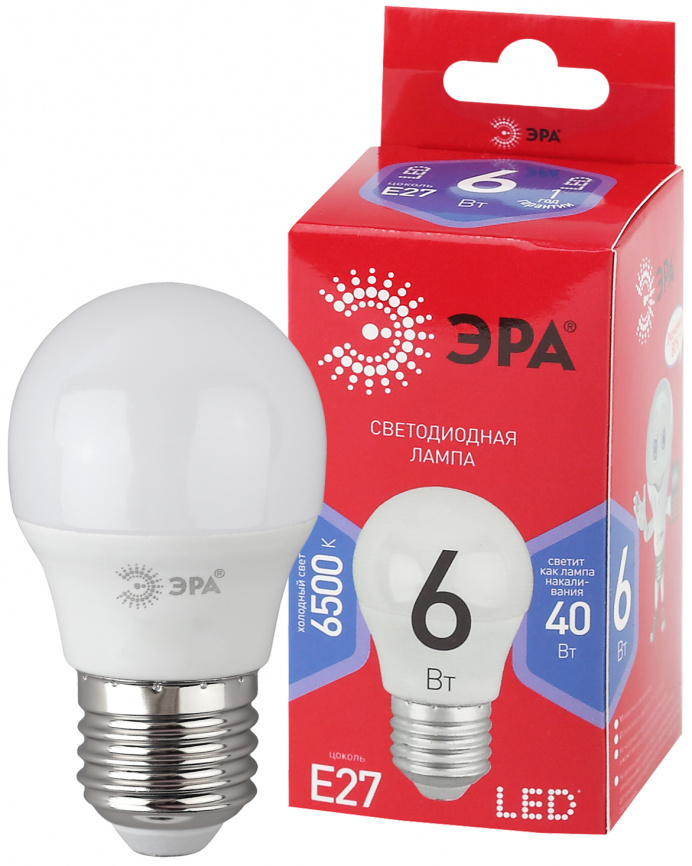Лампа светодиодная ЭРА RED LINE LED P45-6W-865-E27 R 6Вт шар холодный дневной свет E27 фото 1