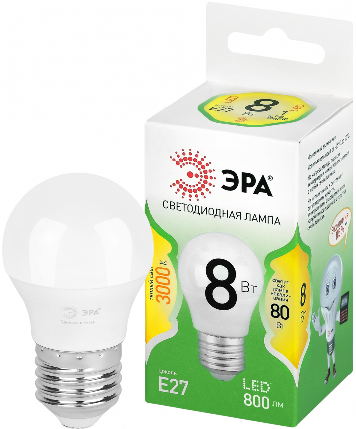 Лампа светодиодная ЭРА GREEN LINE LED P45-8W-830-E27 GL 8Вт шар теплый свет E27 фото 1