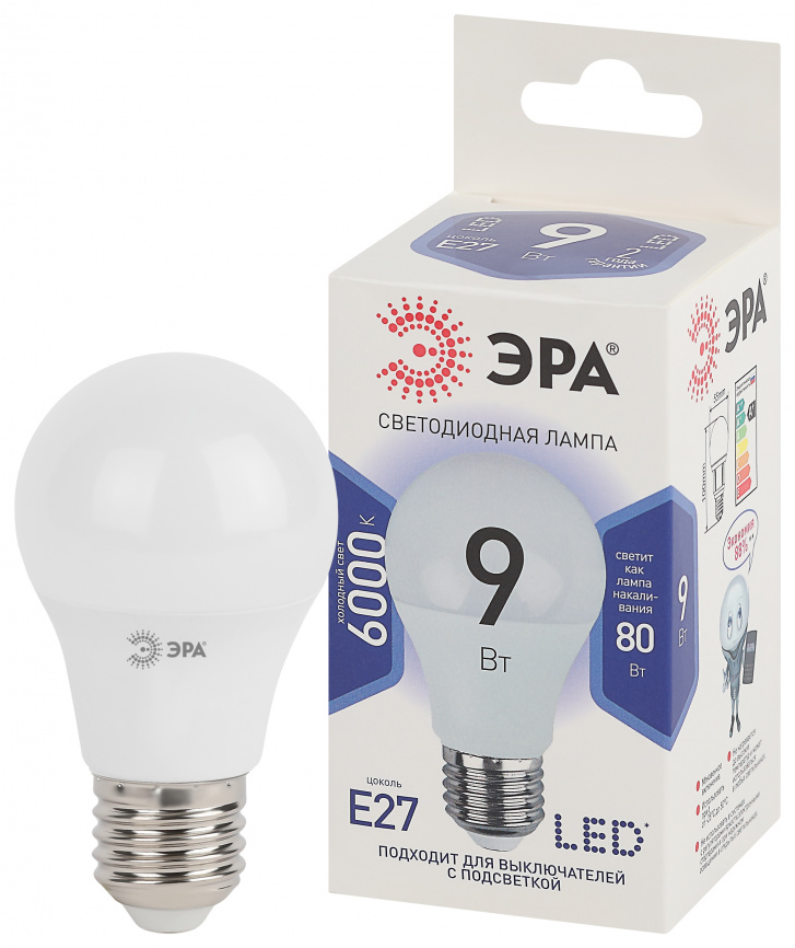 Лампа светодиодная ЭРА STD LED A60-9W-860-E27 9Вт груша холодный дневной свет Е27 фото 1