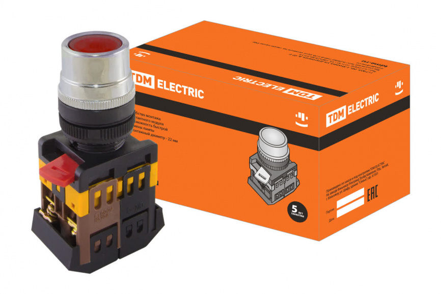 Кнопка ABLF-22 красный d22мм неон/230В 1з+1р TDM фото 1