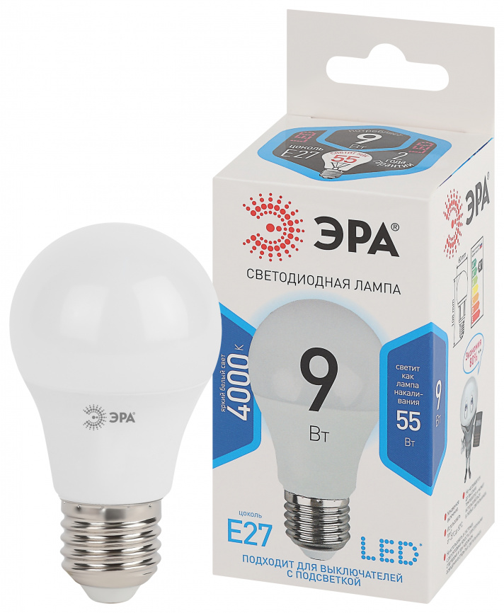 Лампа светодиодная ЭРА STD LED A60-9W-840-E27 9Вт груша нейтральный белый свет Е27 фото 1