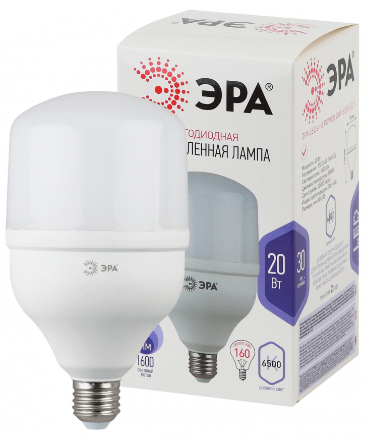 Лампа светодиодная POWER ЭРА STD LED T80-20W-6500-E27 20Вт колокол холодный дневной свет Е27 фото 1