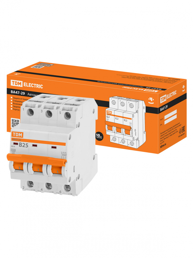 Выключатель ВА47-29 3Р 25А 4,5кА х-ка В TDM фото 1