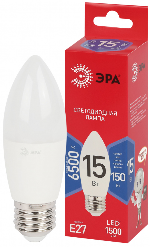 Лампа светодиодная ЭРА RED LINE LED B35-15W-865-E27 R 15Вт свеча холодный дневной свет Е27 фото 1