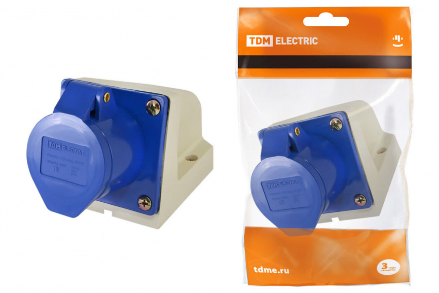 Розетка 123 стационарная 2Р+РЕ 32А 220В IP44 TDM фото 1