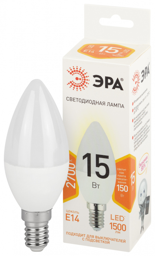 Лампа светодиодная ЭРА STD LED B35-15W-827-E14 15Вт свеча теплый белый свет Е14 фото 1
