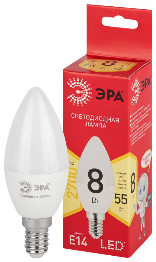 Лампа светодиодная ЭРА RED LINE LED B35-8W-827-E14 R 8Вт свеча теплый белый свет Е14 фото 1
