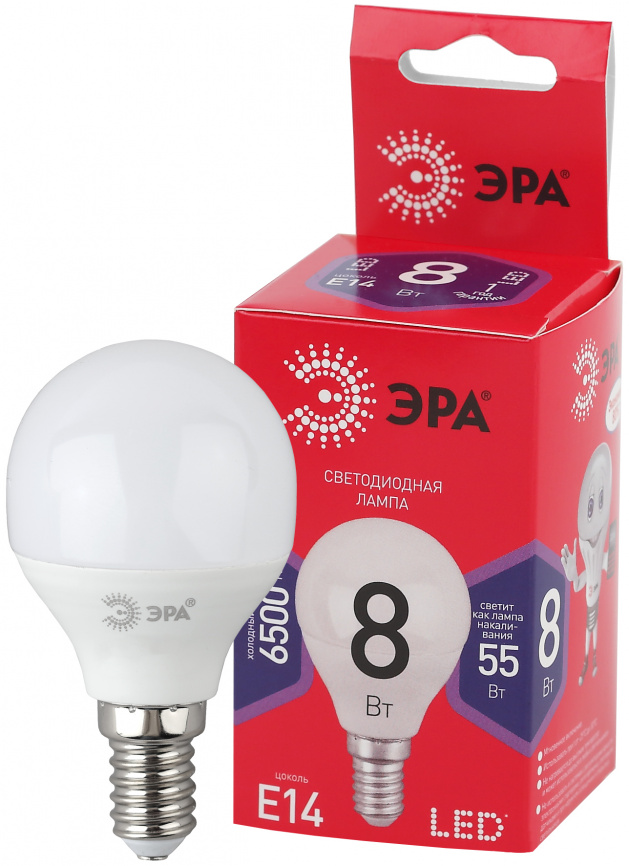 Лампа светодиодная ЭРА RED LINE LED P45-8W-865-E14 R 8Вт шар холодный дневной свет E14 фото 1