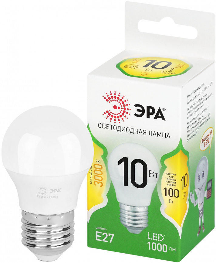 Лампа светодиодная ЭРА GREEN LINE LED P45-10W-830-E27 GL 10Вт шар теплый свет E27 фото 1