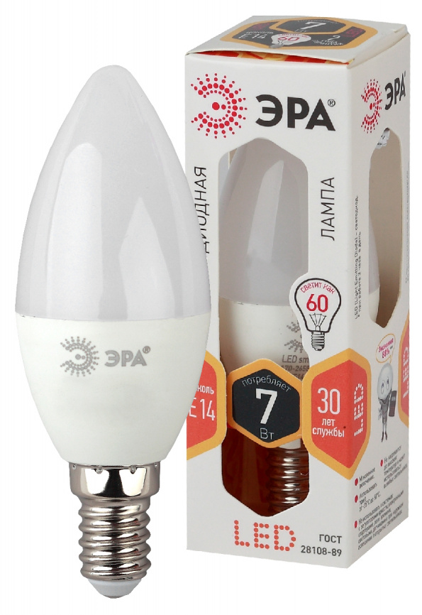 Лампа светодиодная ЭРА STD LED B35-7W-827-E14 7Вт свеча теплый белый свет Е14 фото 1