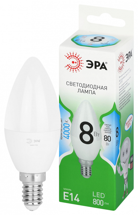 Лампа светодиодная ЭРА GREEN LINE LED B35-8W-840-E14 GL 8Вт свеча яркий белый свет E14 фото 1