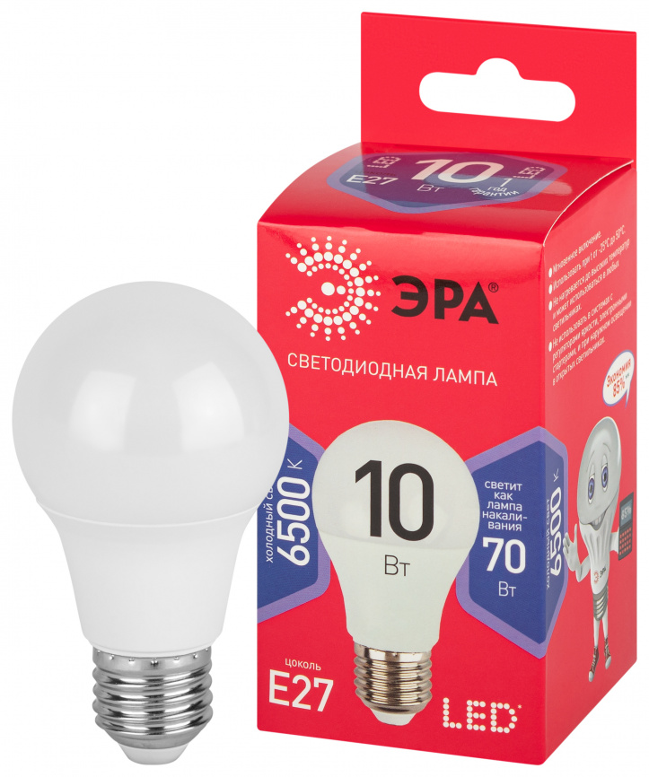 Лампа светодиодная ЭРА RED LINE LED A60-10W-865-E27 R 10Вт груша холодный дневной свет Е27 фото 1