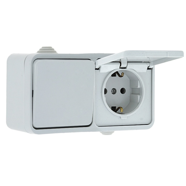 "Прага" Блок Розетка-выключатель 1-кл. 16А с з/к с крышкой IP44 белый EKF фото 1