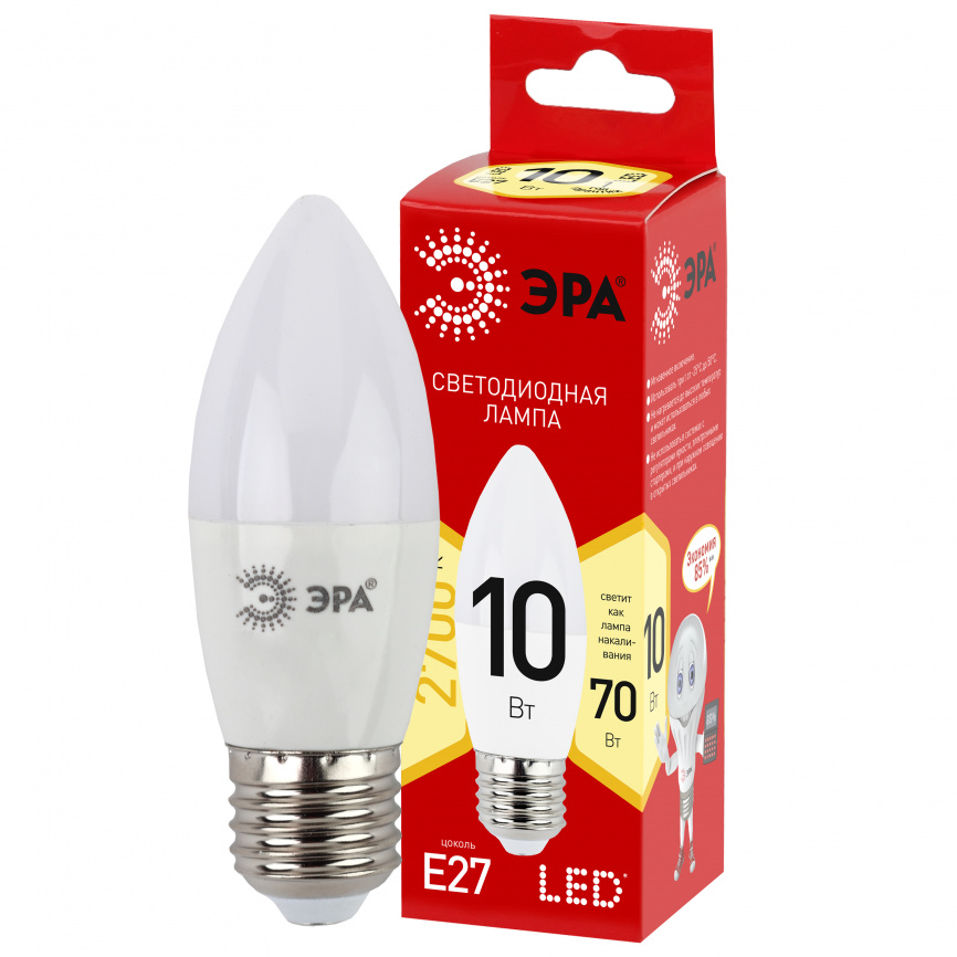 Лампа светодиодная ЭРА RED LINE LED B35-10W-827-E27 R 10Вт свеча теплый белый свет Е27 фото 1