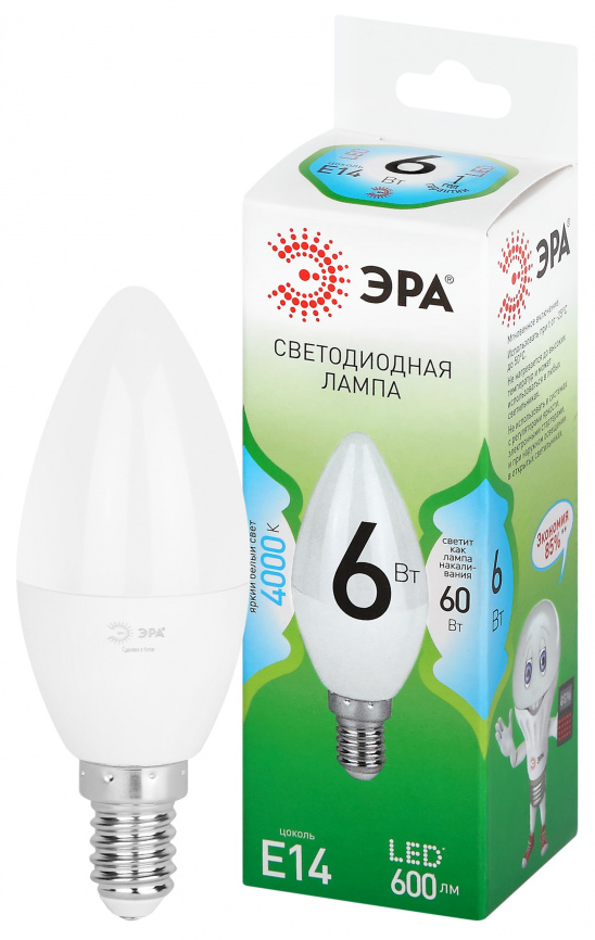 Лампа светодиодная ЭРА GREEN LINE LED B35-6W-840-E14 GL 6Вт свеча яркий белый свет E14 фото 1