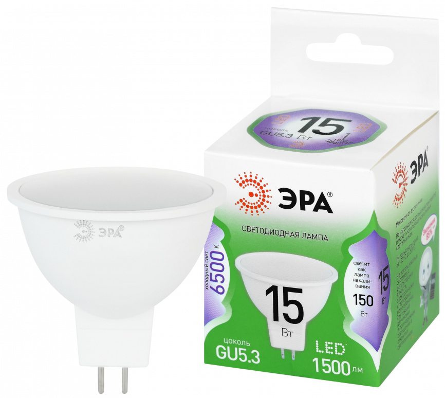 Лампа светодиодная ЭРА GREEN LINE LED MR16-15W-865-GU5.3 GL 15Вт софит холодный свет GU5.3 фото 1