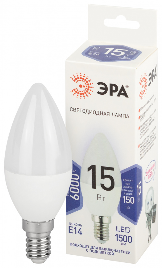 Лампа светодиодная ЭРА STD LED B35-15W-860-E14 15Вт свеча холодный дневной свет Е14 фото 1