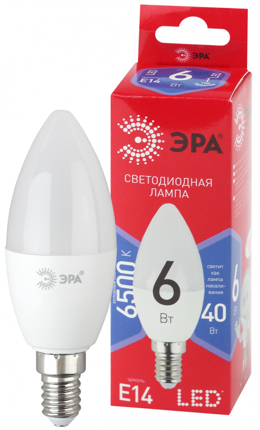 Лампа светодиодная ЭРА RED LINE LED B35-6W-865-E14 R 6Вт свеча холодный дневной свет Е14 фото 1