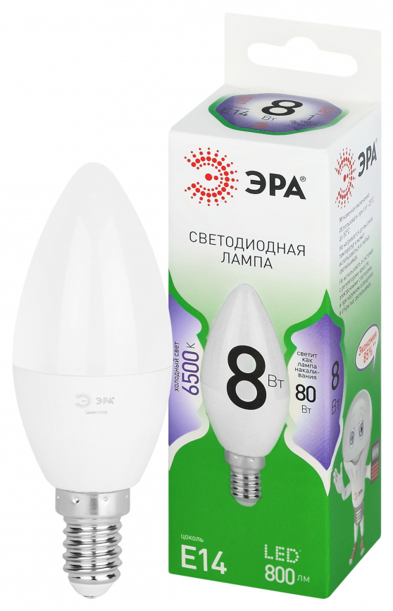 Лампа светодиодная ЭРА GREEN LINE LED B35-8W-865-E14 GL 8Вт свеча холодный свет E14 фото 1