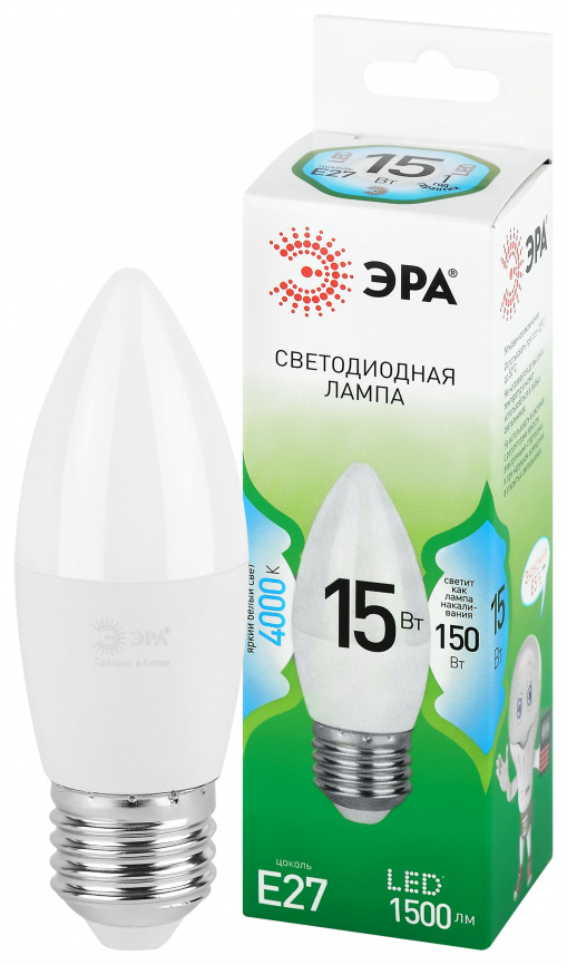Лампа светодиодная ЭРА GREEN LINE LED B35-15W-840-E27 GL 15Вт свеча яркий белый свет E27 фото 1