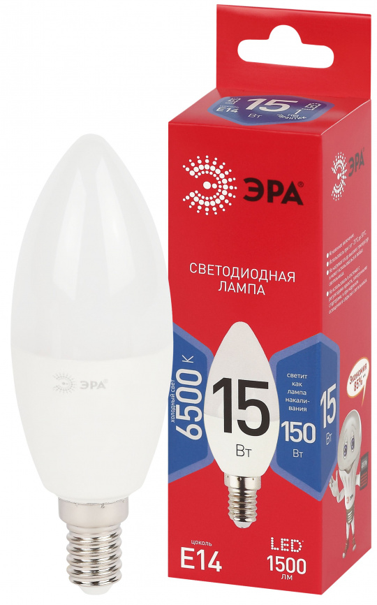 Лампа светодиодная ЭРА RED LINE LED B35-15W-865-E14 R 15Вт свеча холодный дневной свет Е14 фото 1