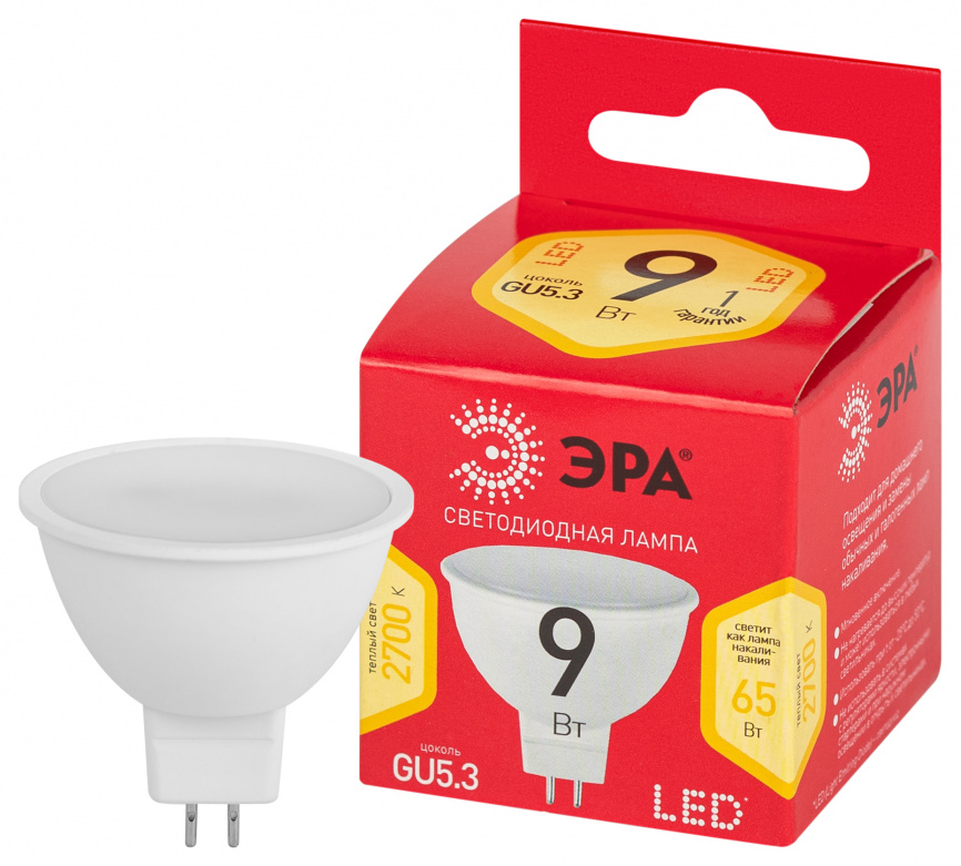 Лампа светодиодная ЭРА RED LINE LED MR16-9W-827-GU5.3 R 9Вт софит теплый белый свет GU5.3 фото 1