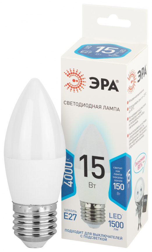 Лампа светодиодная ЭРА STD LED B35-15W-840-E27 15Вт свеча нейтральный белый свeт Е27 фото 1
