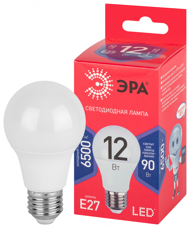 Лампа светодиодная ЭРА RED LINE LED A60-12W-865-E27 R 12Вт груша холодный дневной свет Е27 фото 1