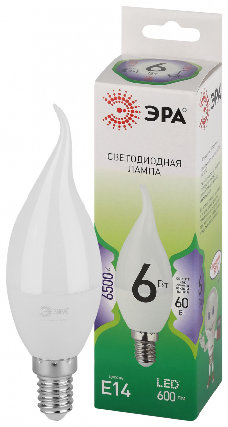 Лампа светодиодная ЭРА GREEN LINE LED BXS-6W-865-E14 GL 6Вт свеча на ветру холодный свет E14 фото 1