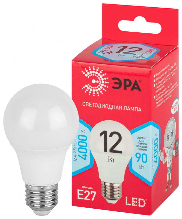 Лампа светодиодная ЭРА RED LINE LED A60-12W-840-E27 R 12Вт груша нейтральный белый свет Е27 фото 1