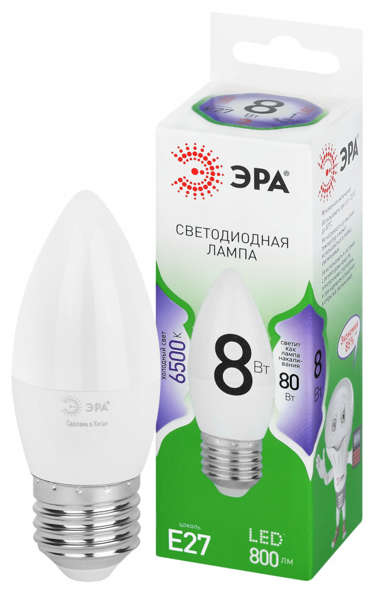 Лампа светодиодная ЭРА GREEN LINE LED B35-8W-865-E27 GL 8Вт свеча холодный свет E27 фото 1